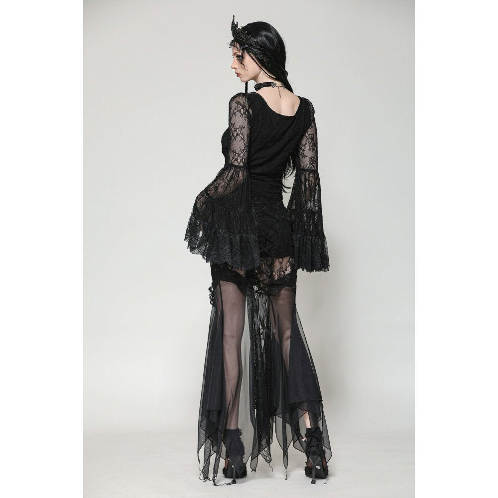 Dark in Love Zuri Gothic Romantic Lace Patchwork Bell-Sleeve Layered Cuff Top - DevilGothic DevilGothic