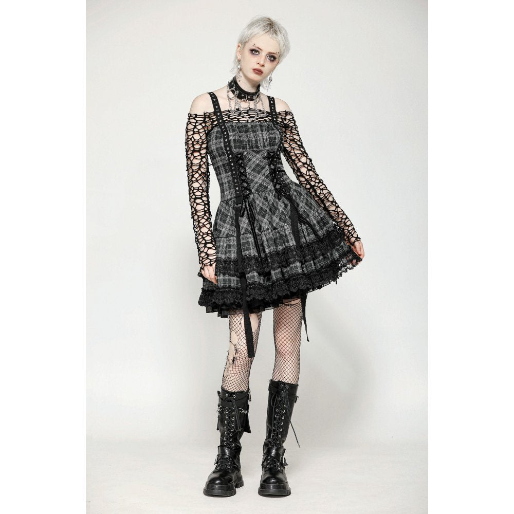 Dark in Love Ida Punk Grey Tartan Metal Studded Dress - DevilGothic DevilGothic