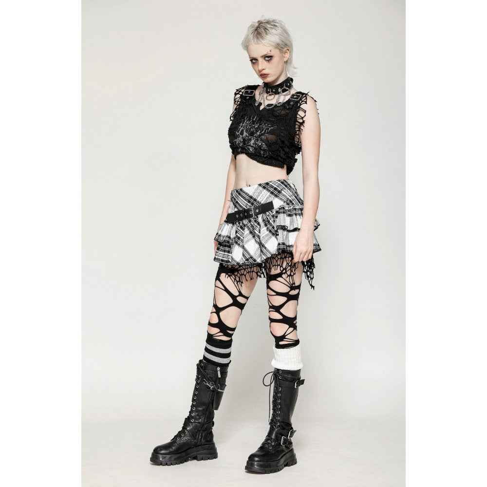 Dark in Love Quinn Punk Black and White Checkered Asymmetrical Messy Net Skirt