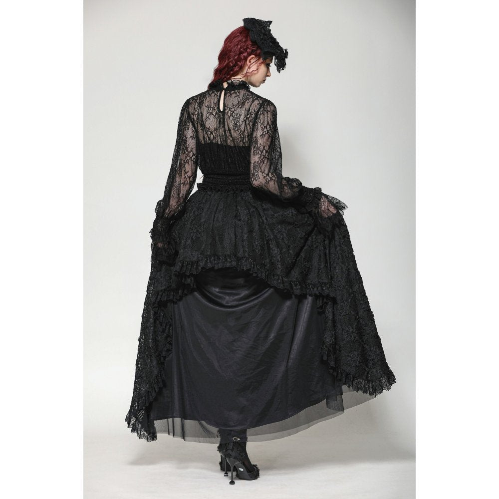 Dark in Love Aoife Black Hollow Lace Elastic Pleated Waist Eyelash Lace Cuff Top - DevilGothic DevilGothic