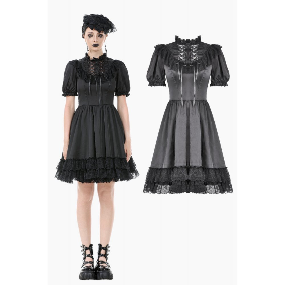 Dark in Love Belladonna Lace-Up High Collar Puff Sleeve Goth Dress  in Black - DevilGothic DevilGothic