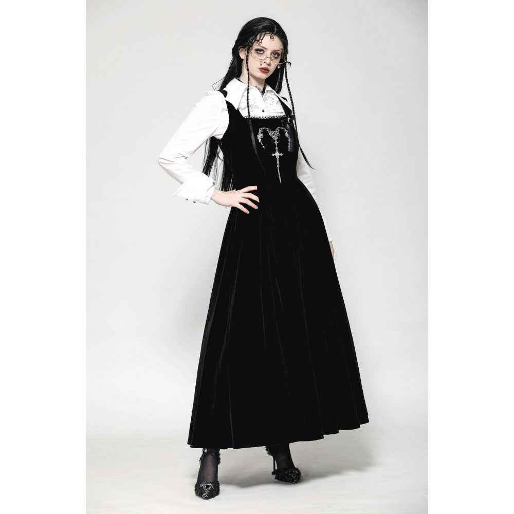 Dark in Love Lux Black Velvet Horn Embroidery Maxi Dress