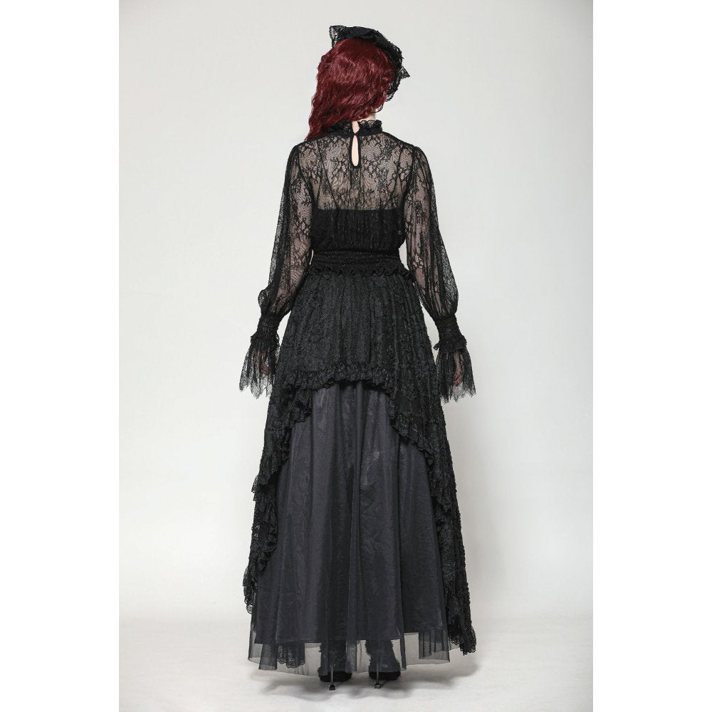 Dark in Love Aoife Black Hollow Lace Elastic Pleated Waist Eyelash Lace Cuff Top - DevilGothic DevilGothic