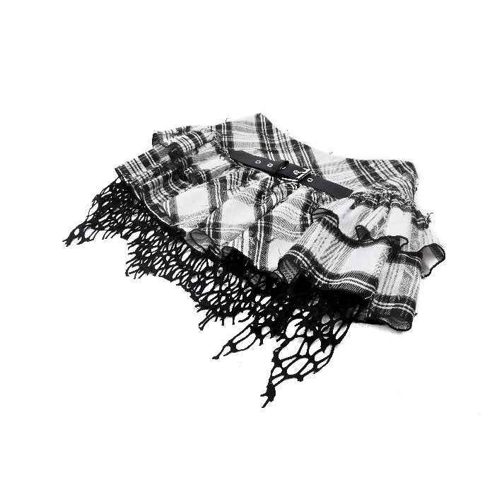 Dark in Love Quinn Punk Black and White Checkered Asymmetrical Messy Net Skirt