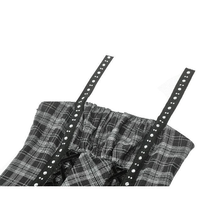 Dark in Love Ida Punk Grey Tartan Metal Studded Dress - DevilGothic DevilGothic