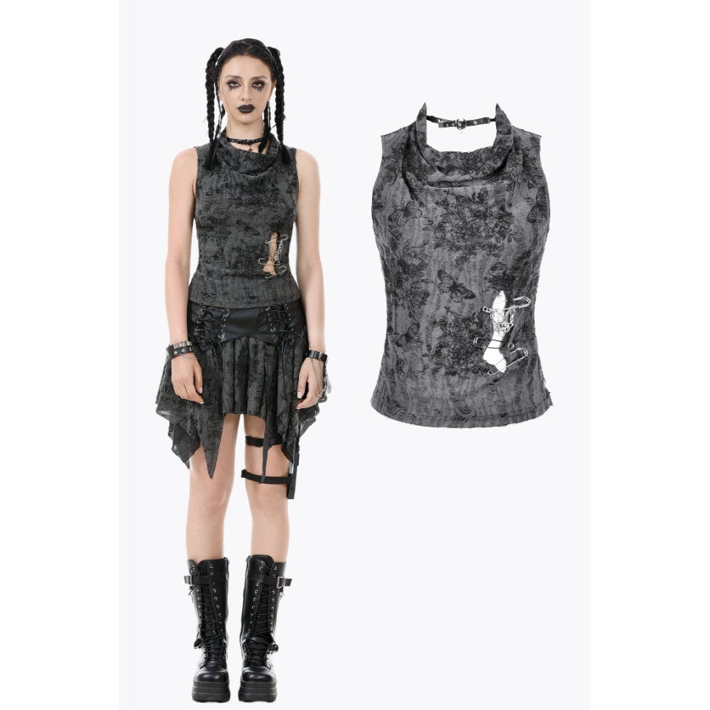 Dark in Love Shredded Butterfly Print Halter Goth Top In Grey - DevilGothic DevilGothic