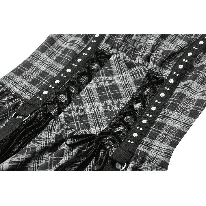 Dark in Love Ida Punk Grey Tartan Metal Studded Dress - DevilGothic DevilGothic