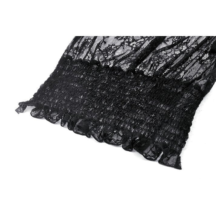 Dark in Love Aoife Black Hollow Lace Elastic Pleated Waist Eyelash Lace Cuff Top - DevilGothic DevilGothic
