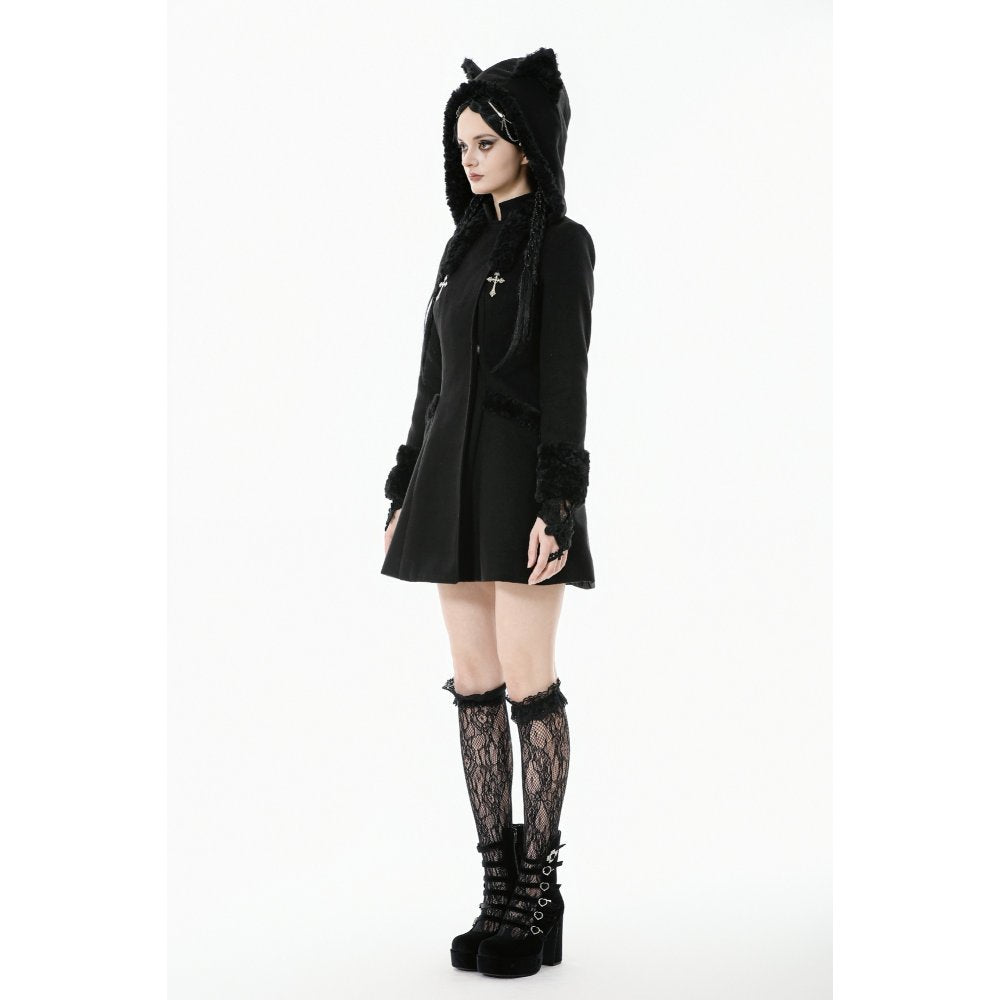 Dark in Love Cat-Ear Faux Fur Trim Gothic Coat - DevilGothic DevilGothic