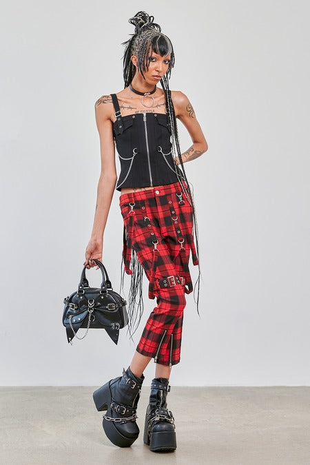 Banned Alternative Nocturne Buckle Trousers Red Tartan - DevilGothic DevilGothic