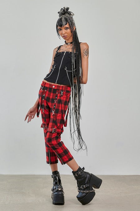 Banned Alternative Nocturne Buckle Trousers Red Tartan - DevilGothic DevilGothic