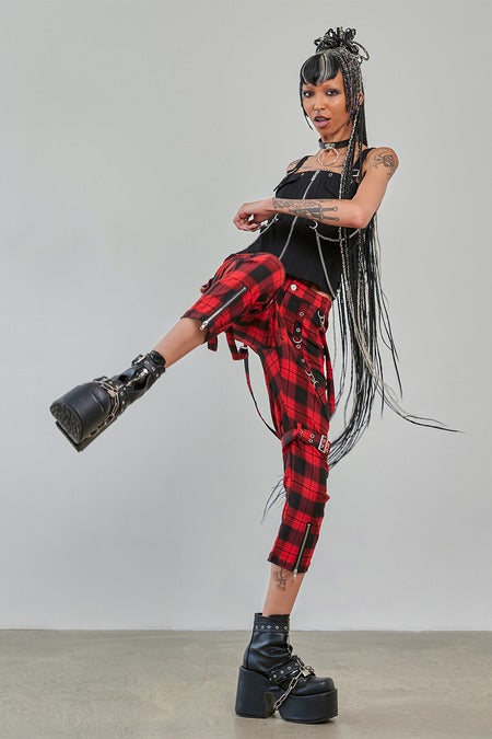 Banned Alternative Nocturne Buckle Trousers Red Tartan - DevilGothic DevilGothic