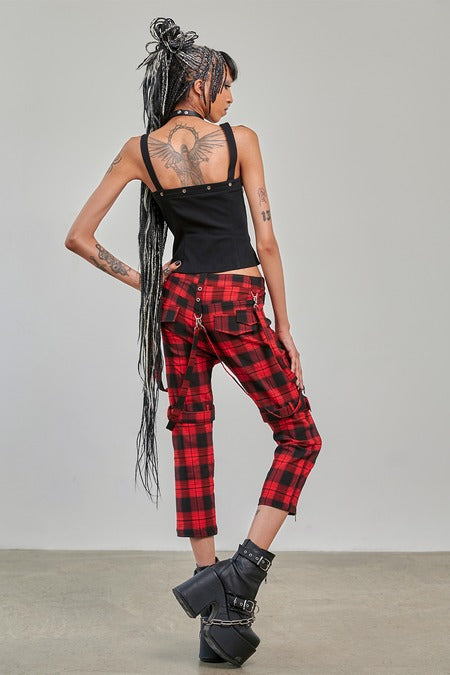 Banned Alternative Nocturne Buckle Trousers Red Tartan - DevilGothic DevilGothic
