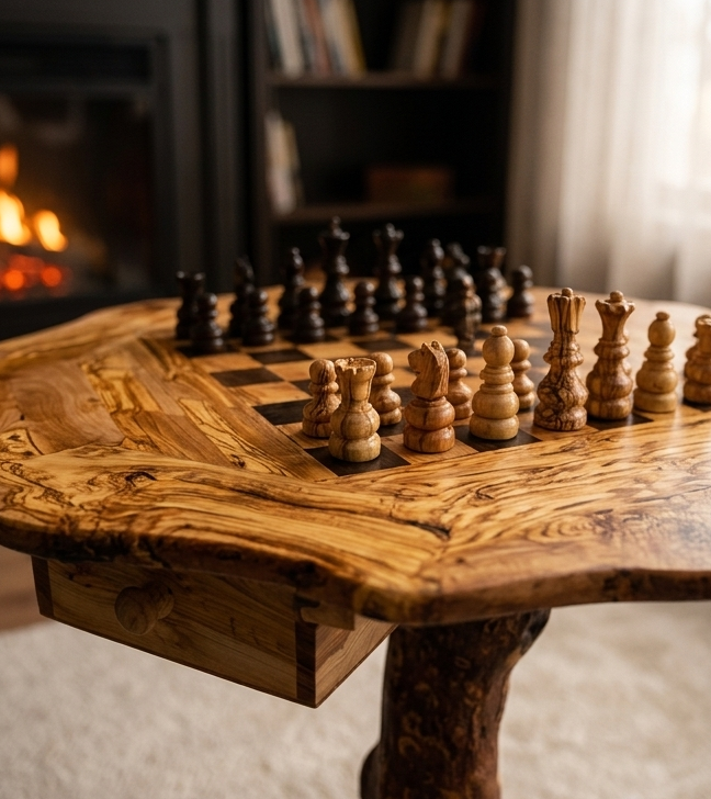 Rustic Olive Wood Chess Table - Luxury Handcrafted Pedestal Game Table 65cm