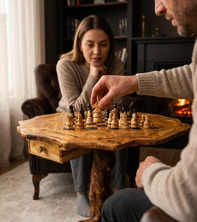 Rustic Olive Wood Chess Table - Luxury Handcrafted Pedestal Game Table 65cm