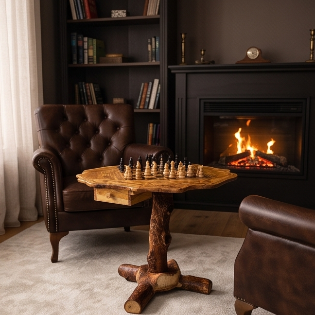 Rustic Olive Wood Chess Table - Luxury Handcrafted Pedestal Game Table 65cm