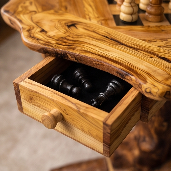 Rustic Olive Wood Chess Table - Luxury Handcrafted Pedestal Game Table 65cm