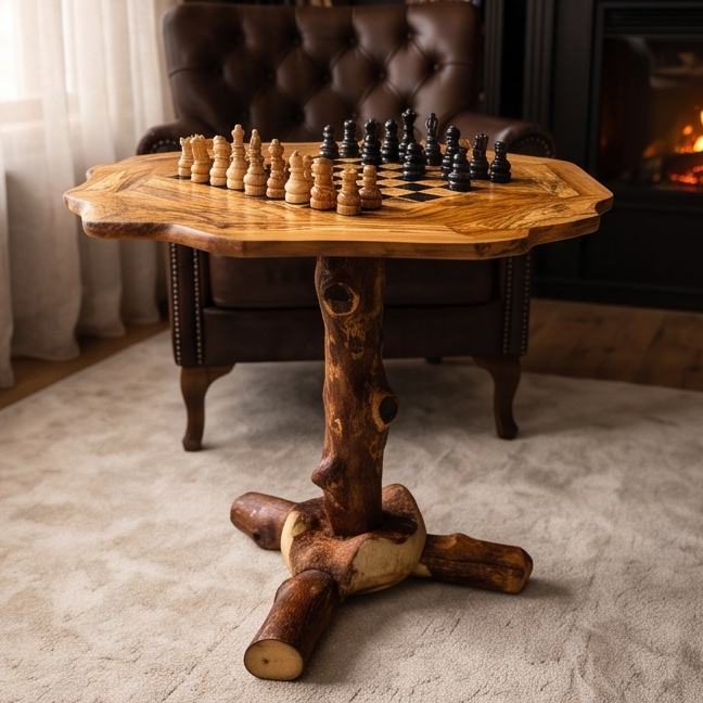Rustic Olive Wood Chess Table - Luxury Handcrafted Pedestal Game Table 65cm