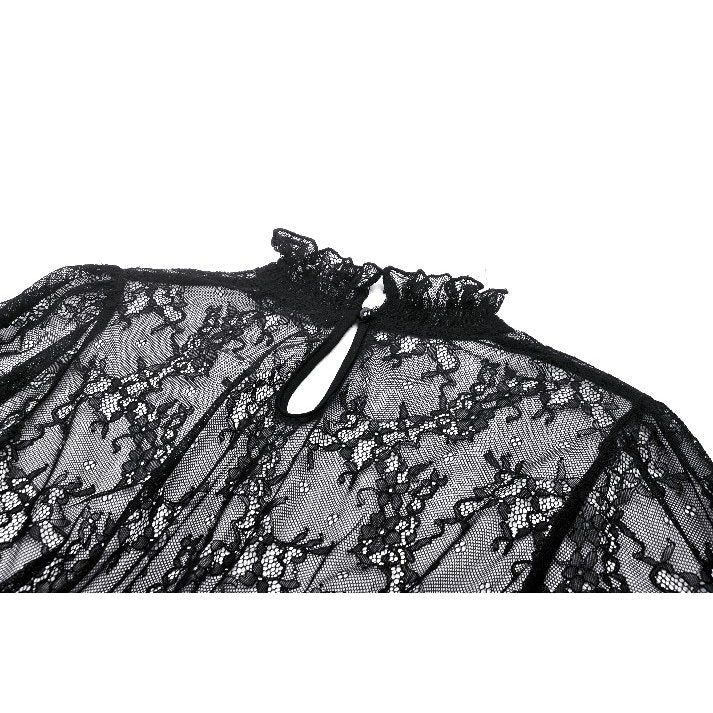 Dark in Love Aoife Black Hollow Lace Elastic Pleated Waist Eyelash Lace Cuff Top - DevilGothic DevilGothic