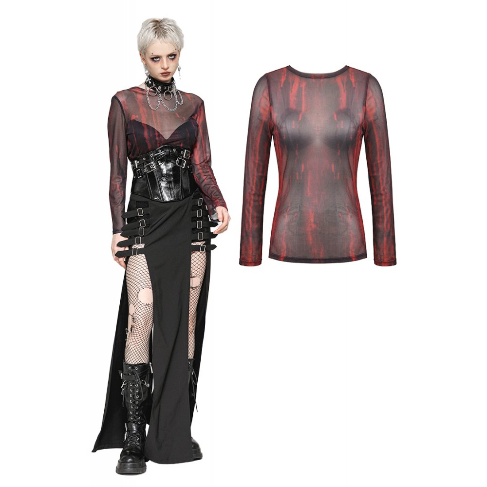Dark in Love Carson Black and Red Tie-Dye Mesh Versatile Basic Top - DevilGothic DevilGothic