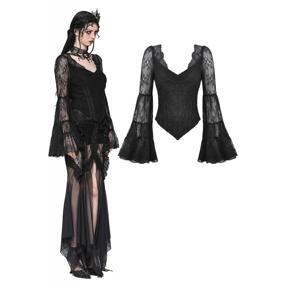 Dark in Love Zuri Gothic Romantic Lace Patchwork Bell-Sleeve Layered Cuff Top - DevilGothic DevilGothic