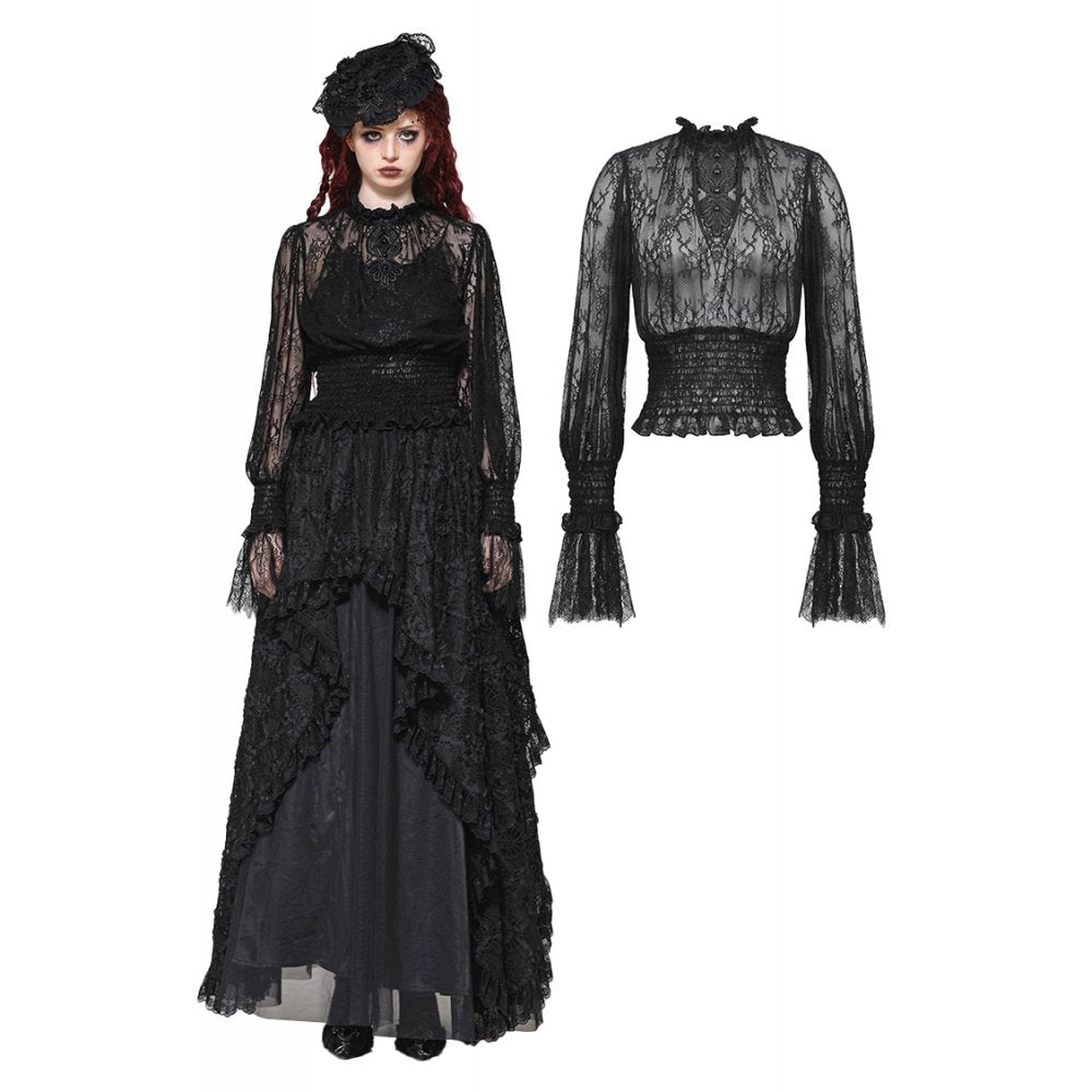 Dark in Love Aoife Black Hollow Lace Elastic Pleated Waist Eyelash Lace Cuff Top - DevilGothic DevilGothic