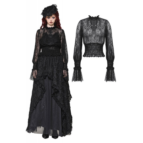 Dark in Love Aoife Black Hollow Lace Elastic Pleated Waist Eyelash Lace Cuff Top - DevilGothic DevilGothic