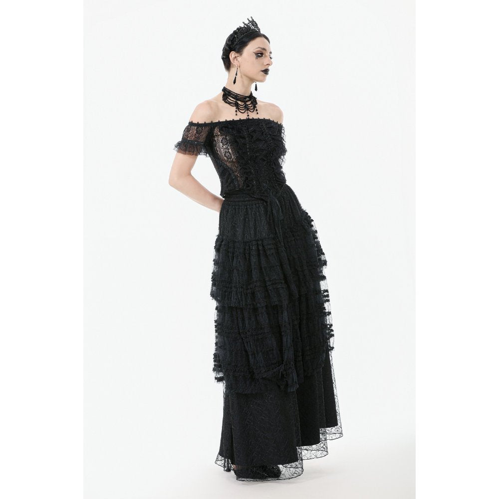 Dark in Love Morticia Gothic Velvet & Lace Skirt in Black - DevilGothic DevilGothic