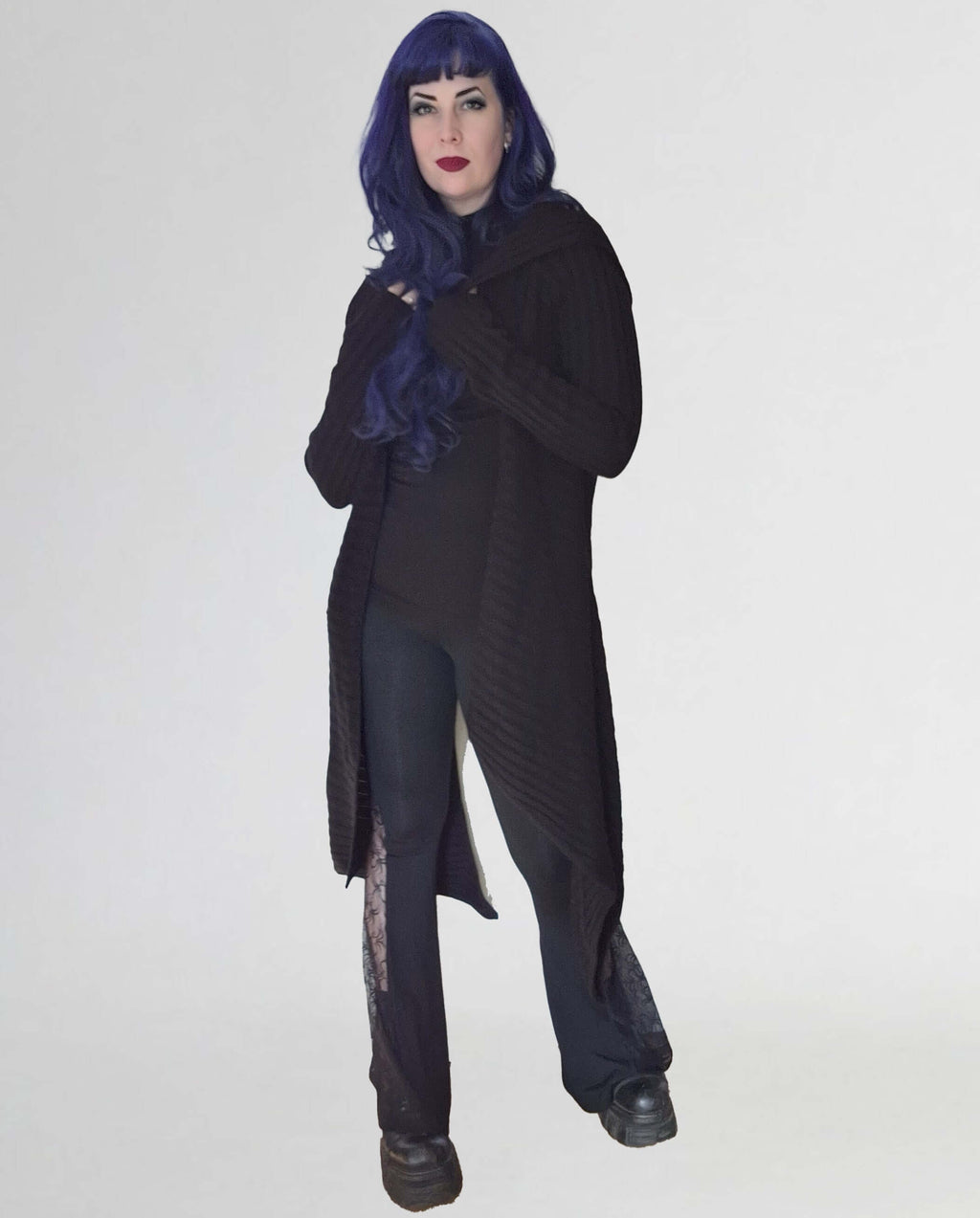Necessary Evil Ribbed Sabrina Draped Cardigan with Hood - DevilGothic DevilGothic