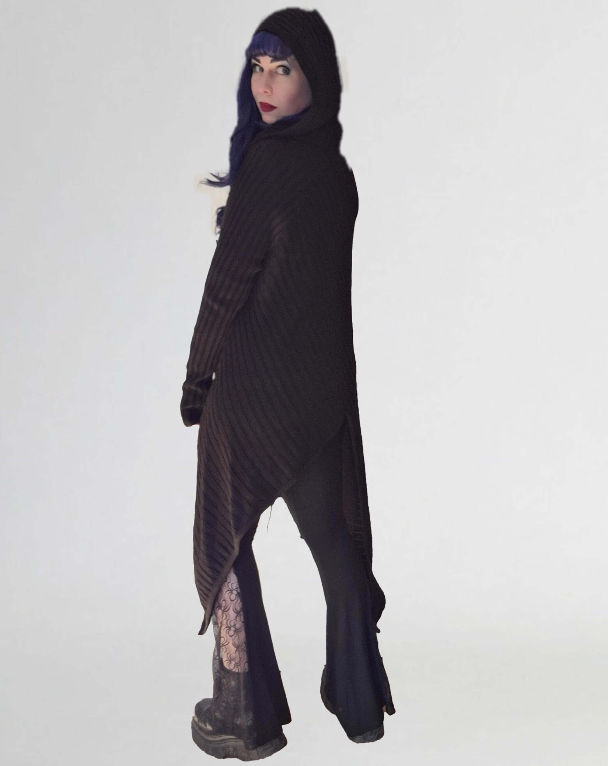 Necessary Evil Ribbed Sabrina Draped Cardigan with Hood - DevilGothic DevilGothic