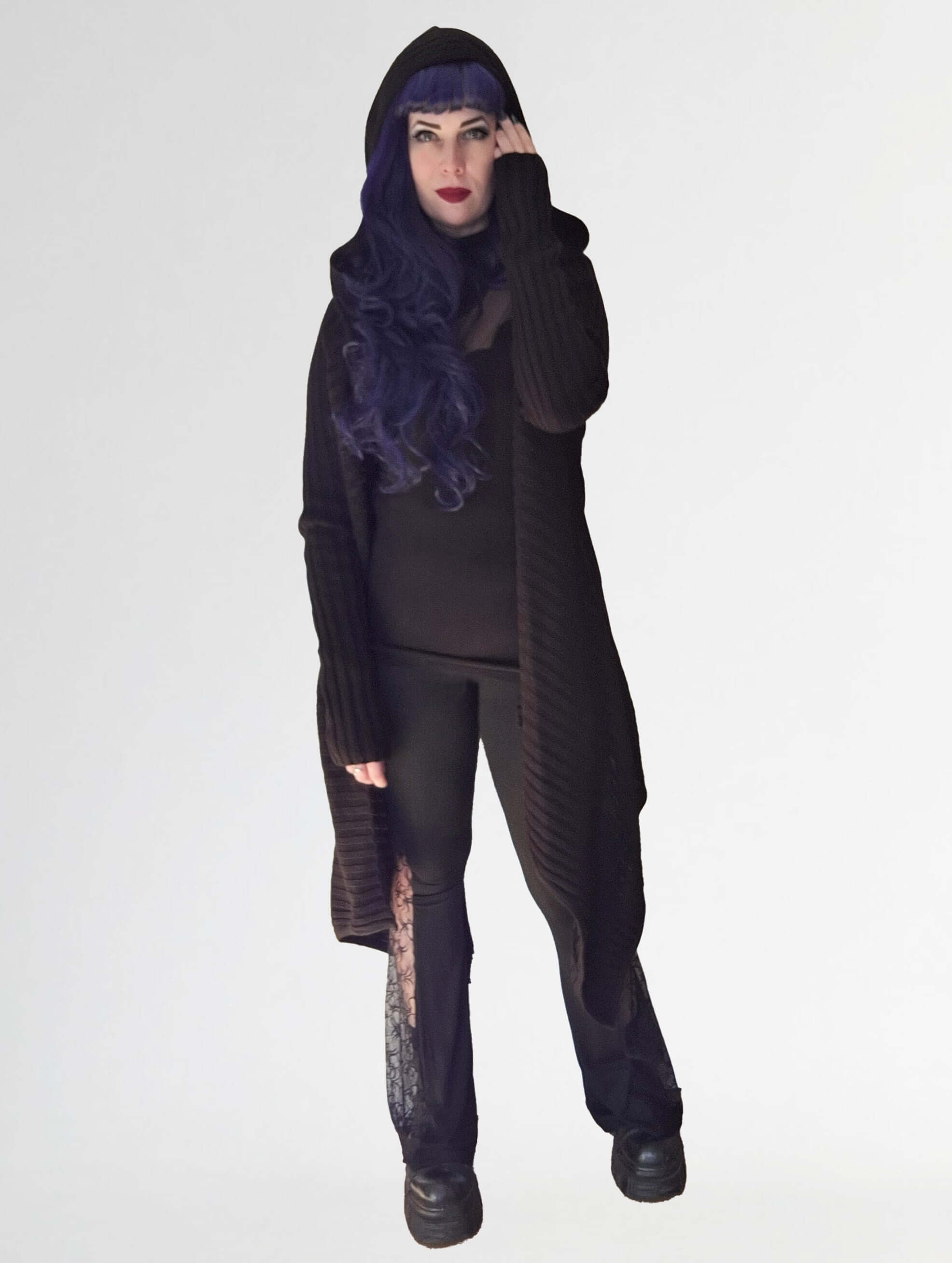 Necessary Evil Ribbed Sabrina Draped Cardigan with Hood - DevilGothic DevilGothic