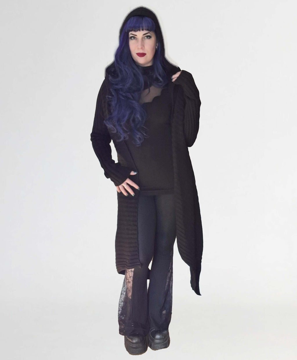 Necessary Evil Ribbed Sabrina Draped Cardigan with Hood - DevilGothic DevilGothic
