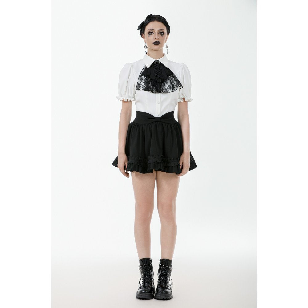 Dark in Love Elysia Ruffle Bib Puff Sleeve Goth Blouse in White - DevilGothic DevilGothic