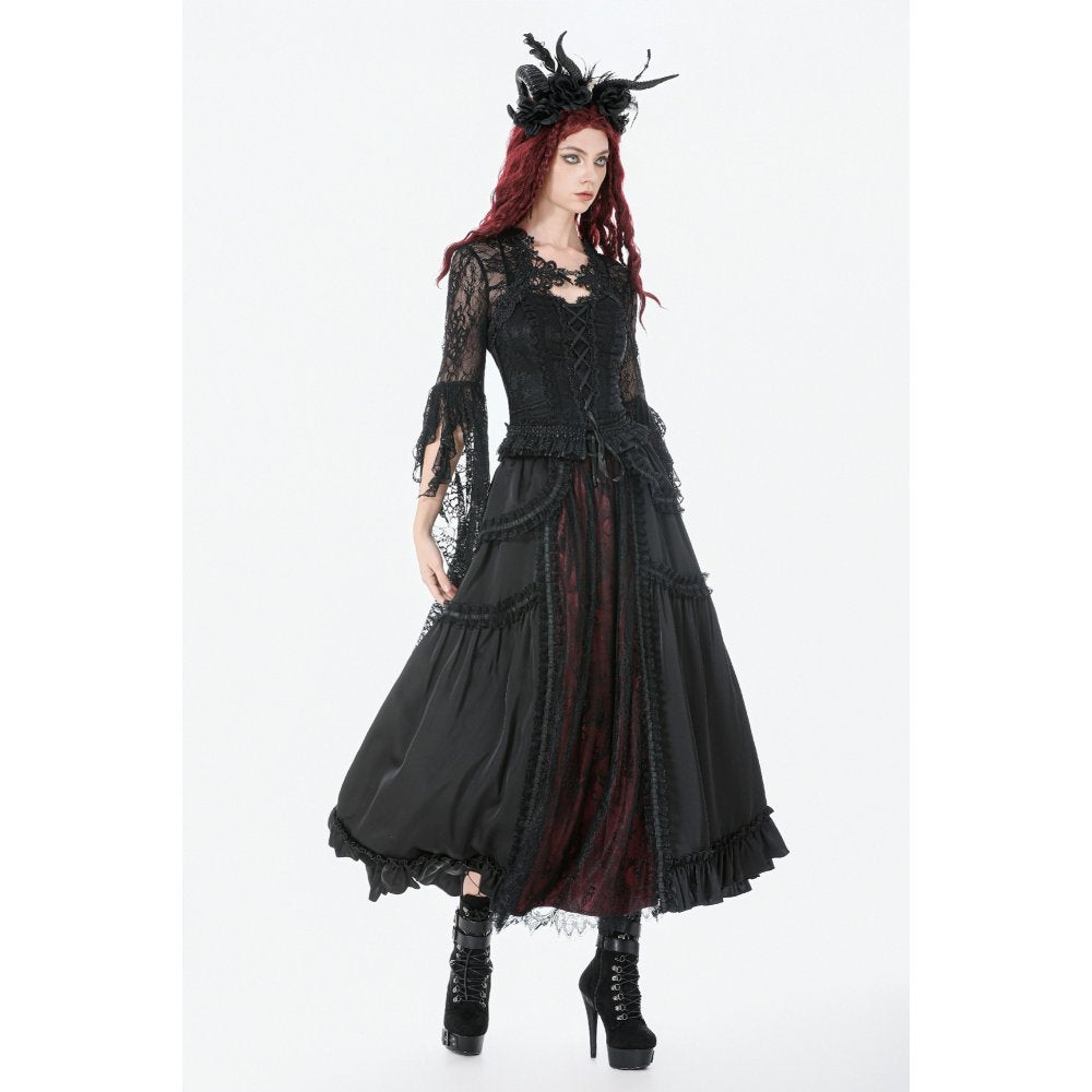 Dark in Love Gothic Victorian Lace Panel Skirt (Crimson) - DevilGothic DevilGothic