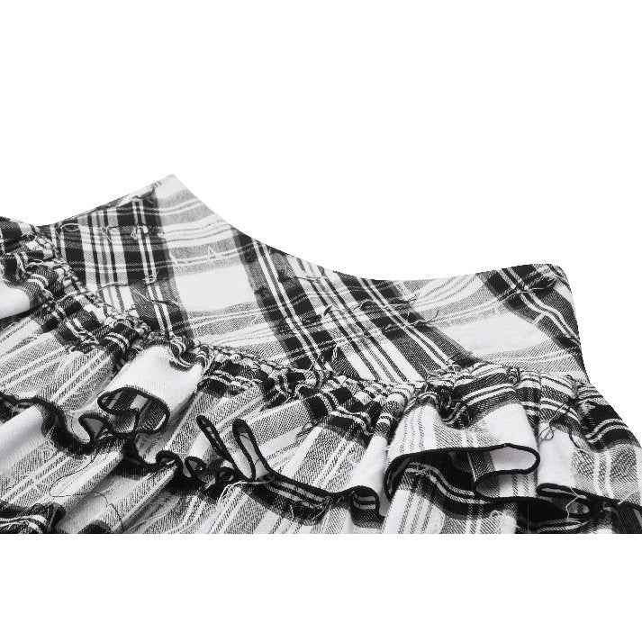 Dark in Love Quinn Punk Black and White Checkered Asymmetrical Messy Net Skirt