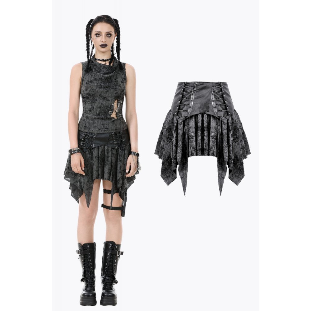 Dark in Love Elandra Layered Lace Handkerchief Hem Goth Skirt in Charcoal Black - DevilGothic DevilGothic