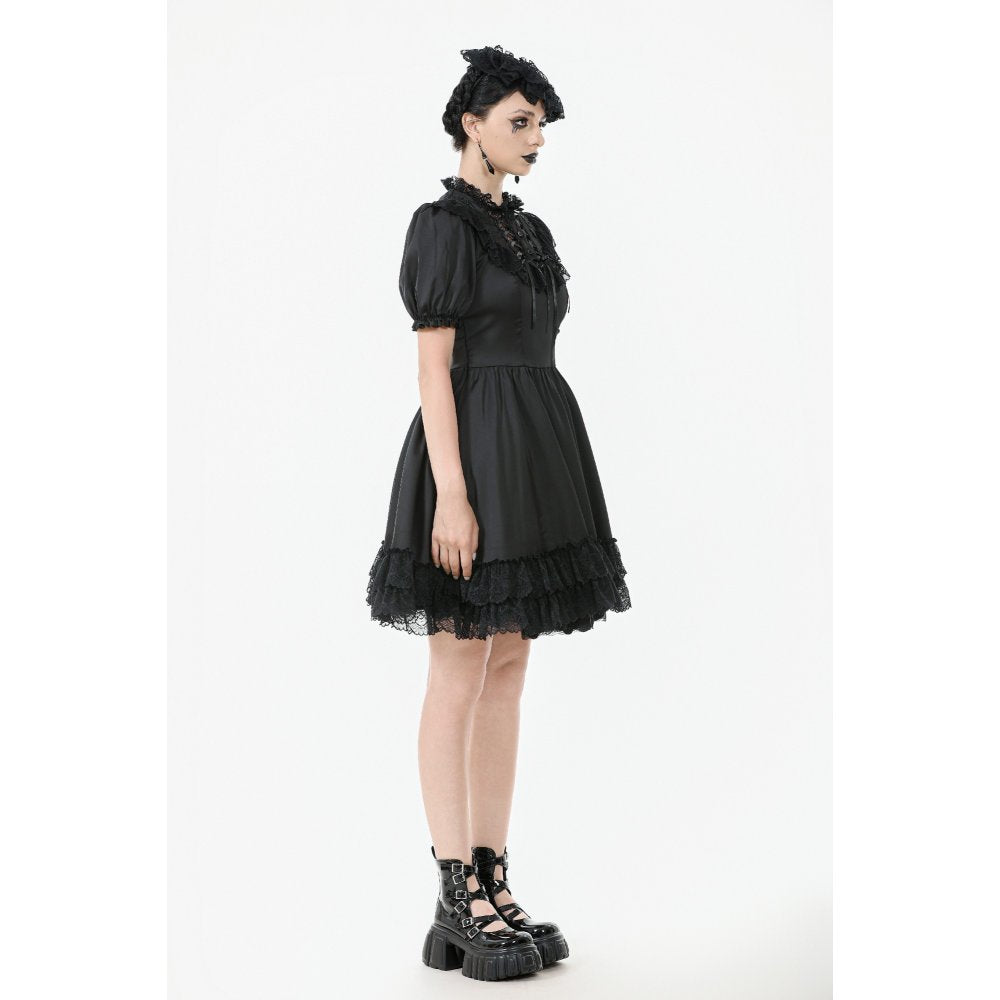 Dark in Love Belladonna Lace-Up High Collar Puff Sleeve Goth Dress  in Black - DevilGothic DevilGothic