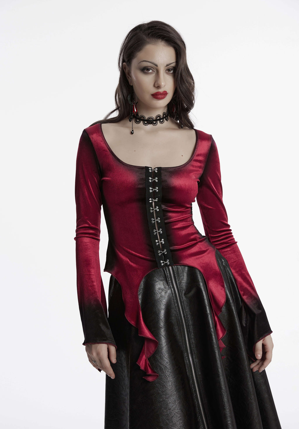 Punk Rave Leticia Burgundy Gradient Velvet Top with Feature Hooks and Eyes - DevilGothic DevilGothic