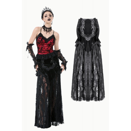 Dark in Love Gothic Lace Velvet Layered Maxi Skirt in Black - DevilGothic DevilGothic