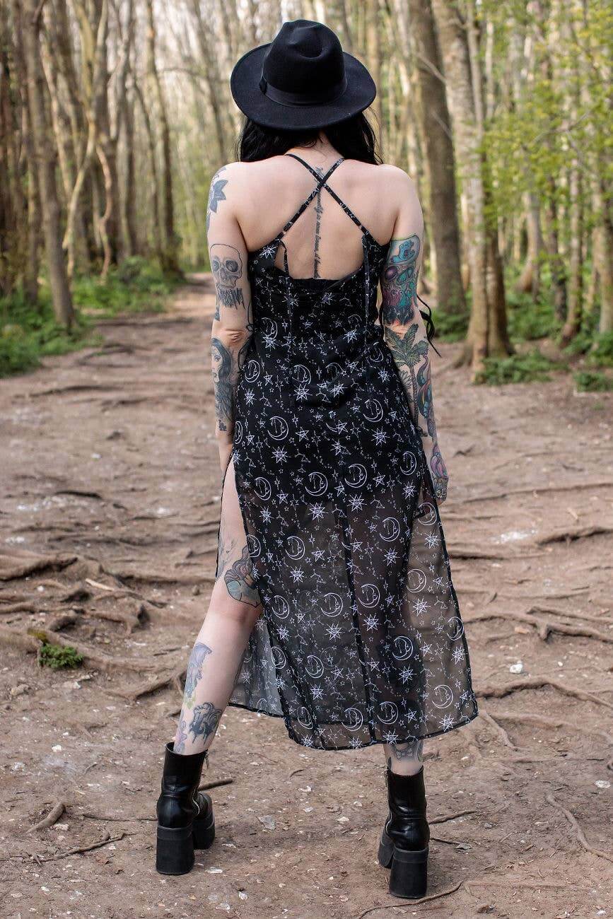 Alternative Moonprint Maxi Dress With Straps And Leg Split - DevilGothic DevilGothic