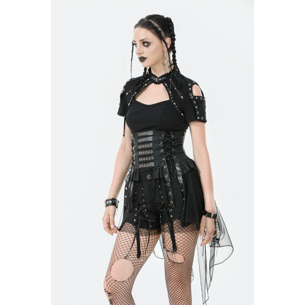 Dark in Love Draven Layered Mesh & Faux Leather Waist Cincher Skirt - DevilGothic DevilGothic