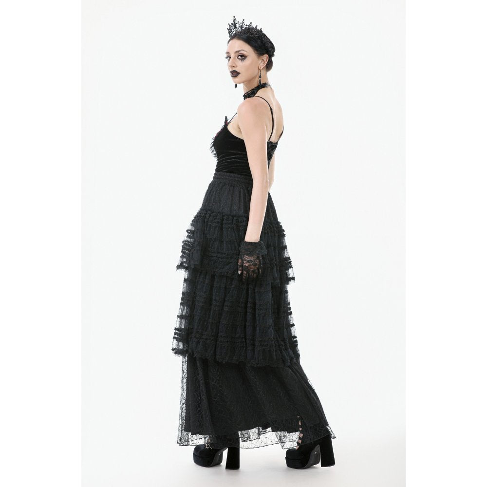 Dark in Love Morticia Gothic Velvet & Lace Skirt in Black - DevilGothic DevilGothic