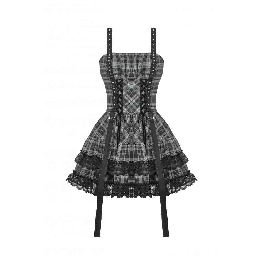 Dark in Love Ida Punk Grey Tartan Metal Studded Dress