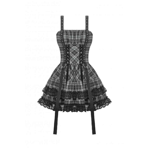 Dark in Love Ida Punk Grey Tartan Metal Studded Dress