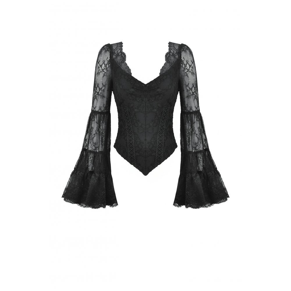 Dark in Love Zuri Gothic Romantic Lace Patchwork Bell-Sleeve Layered Cuff Top - DevilGothic DevilGothic