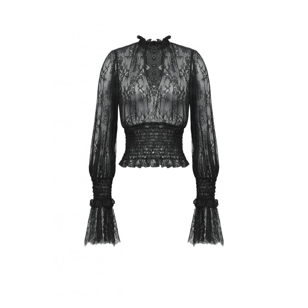 Dark in Love Aoife Black Hollow Lace Elastic Pleated Waist Eyelash Lace Cuff Top - DevilGothic DevilGothic