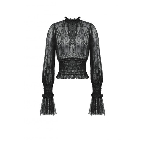 Dark in Love Aoife Black Hollow Lace Elastic Pleated Waist Eyelash Lace Cuff Top - DevilGothic DevilGothic
