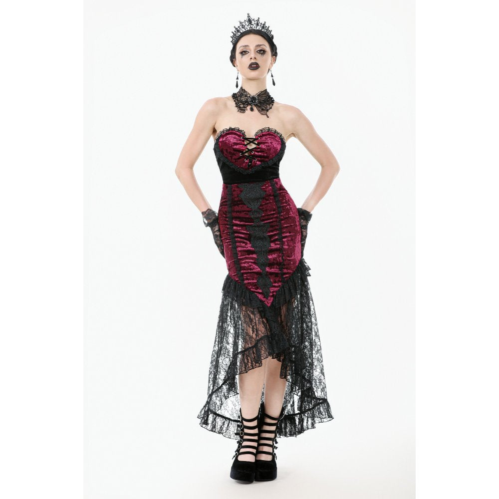 Dark in Love Crimson Queen Lace High-Low Goth Skirt in Burgundy & Black - DevilGothic DevilGothic