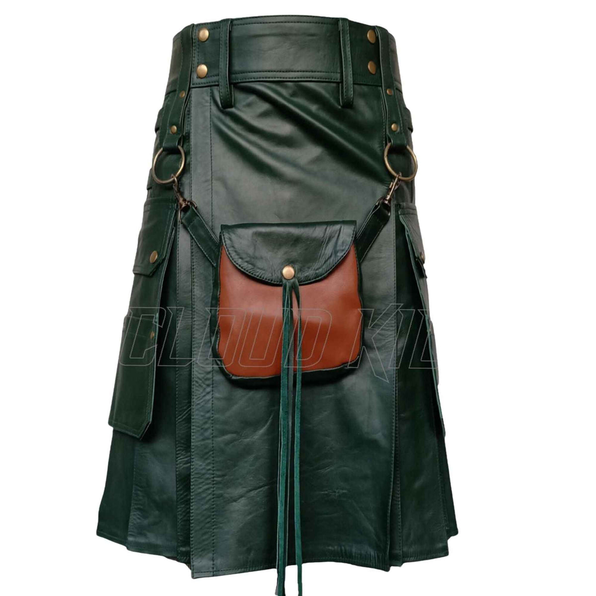 Men's Green Leather Kilt with Sporran – Handmade Real Leather Scottish Highland Kilt 24" Drop | Made to Order