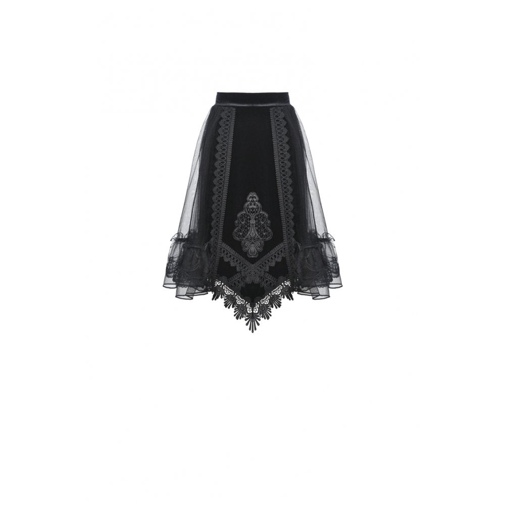 Dark in Love Melisandre Embroidered Velvet Mesh Goth Skirt in Black - DevilGothic DevilGothic